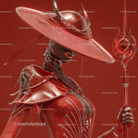 Futuristic Samurai in Neon Red Armor Holding Umbrella