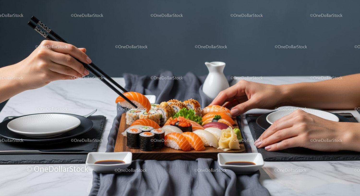 Fresh Sushi Assortment with Salmon, Tuna and Sushi Rolls on Wooden Platter