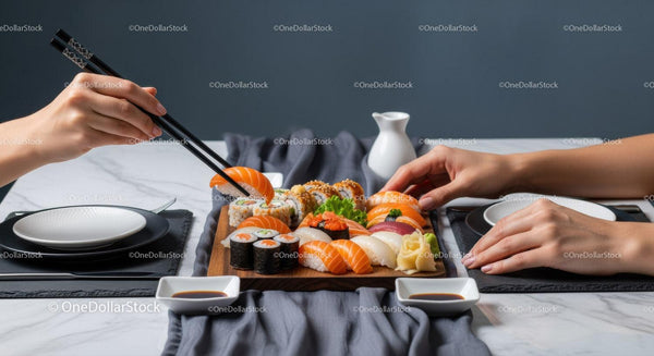 Fresh Sushi Assortment with Salmon, Tuna and Sushi Rolls on Wooden Platter