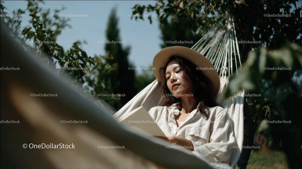 Young Woman Relaxing in Garden Hammock on Sunny Day
