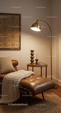 Cozy reading nook with leather chaise lounge and warm lighting