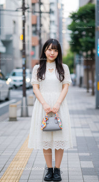 Young Woman in White Lace Dress Standing on City Street