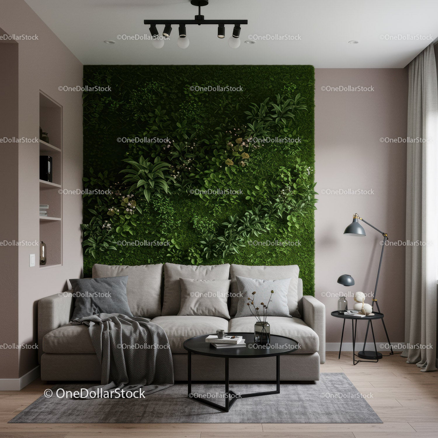 Elegant Living Room with Lush Green Plant Wall and Modern Decor