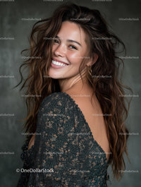 Glamorous Woman with Wavy Hair and Sparkling Dress Smile