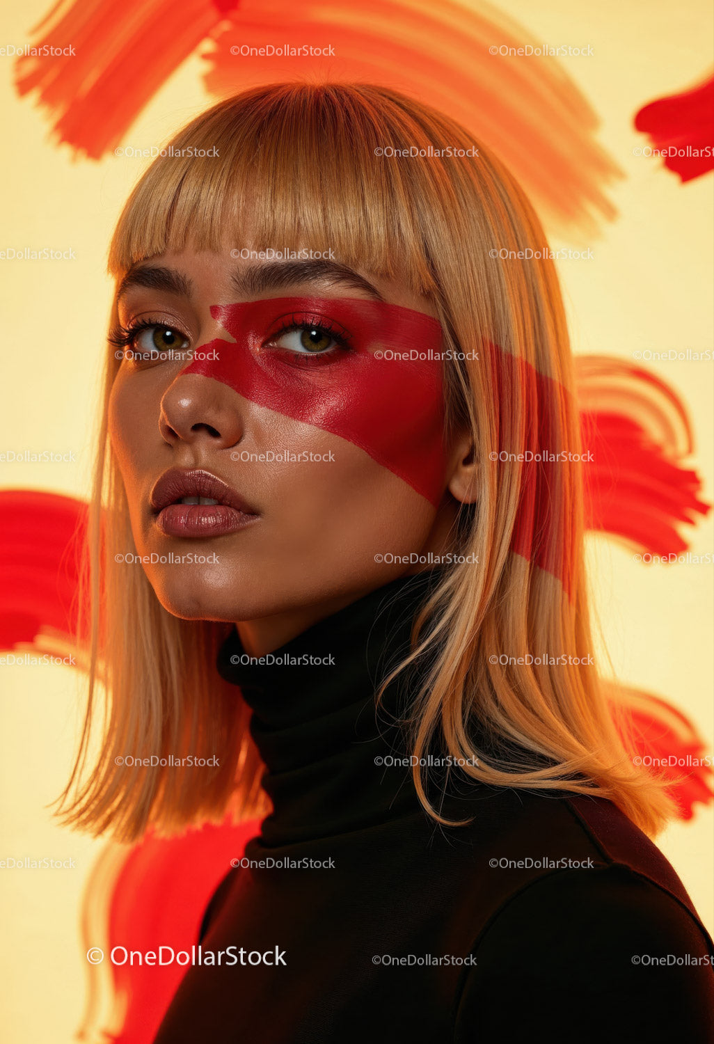 Creative Artistic Makeup Portrait with Red Face Paint and Blonde Hair