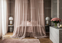 Soft pink bedroom with sheer curtains and floral decor