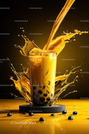 Vibrant Yellow Bubble Tea with Splash and Black Tapioca Pearls