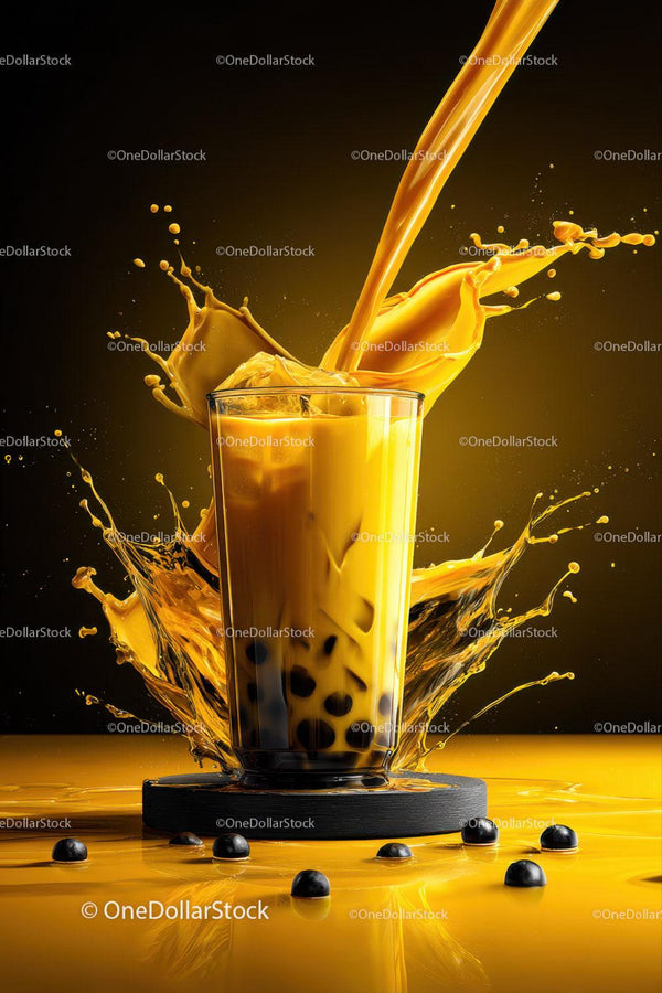 Vibrant Yellow Bubble Tea with Splash and Black Tapioca Pearls