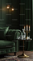 Elegant green velvet sofa and vintage candlelit table display
