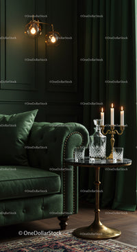 Elegant green velvet sofa and vintage candlelit table display