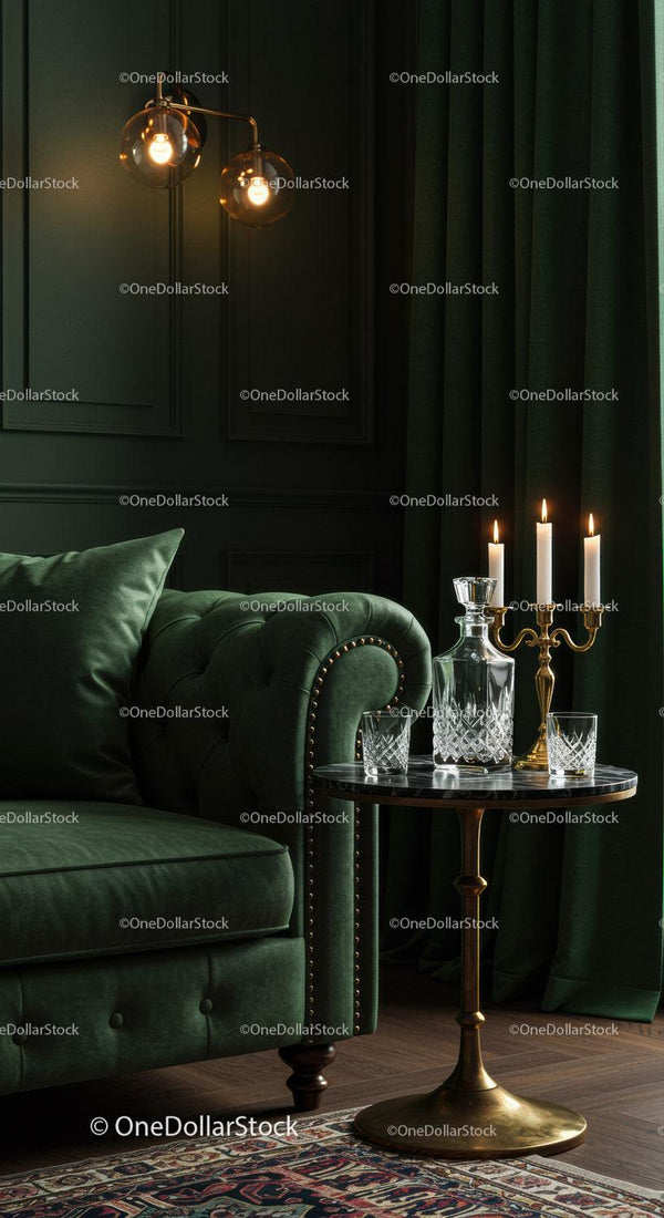 Elegant green velvet sofa and vintage candlelit table display