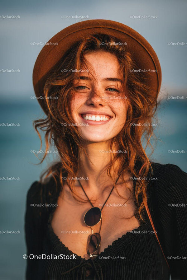 Young Woman with Red Hair Wearing Straw Hat at Beach