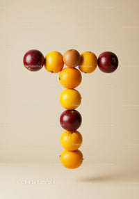 Creative arrangement of citrus fruits forming letter T