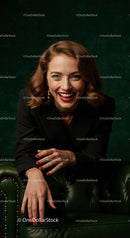Confident Smiling Woman in Stylish Attire Sitting on Leather Sofa