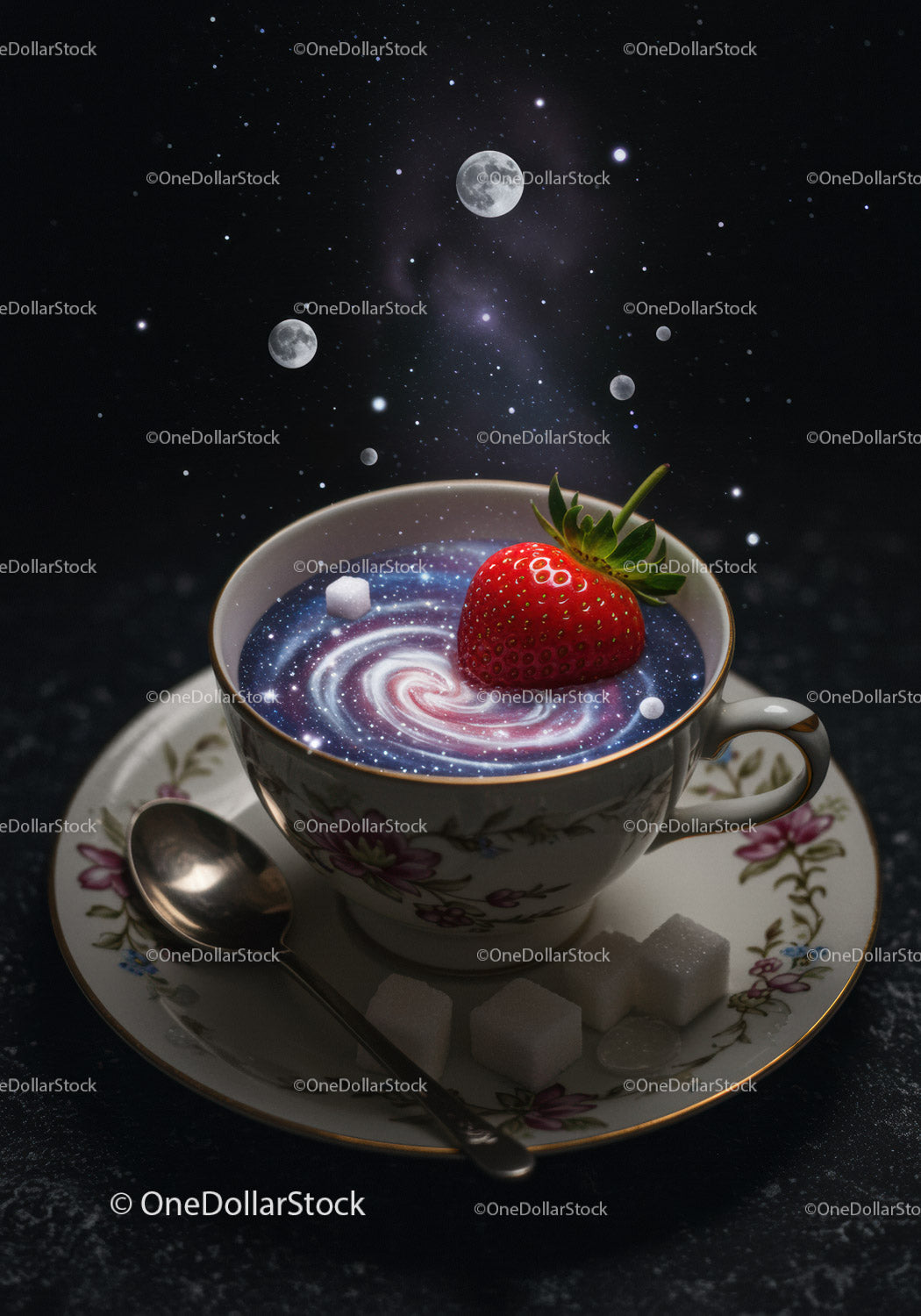 Cup of cosmic coffee with strawberry and sugar cubes