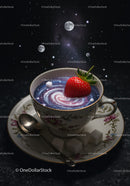 Cup of cosmic coffee with strawberry and sugar cubes