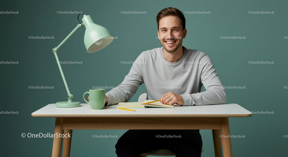 Smiling Young Man at a Modern Desk with Green Accents