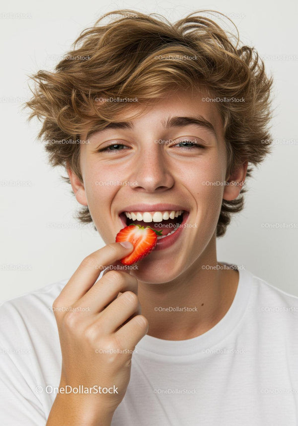 Joyful Teen Eating Strawberry with Smile in Bright Studio