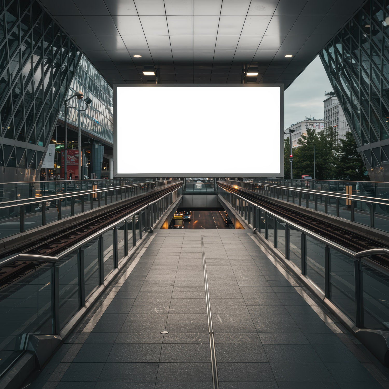 Modern urban train platform with large blank billboard