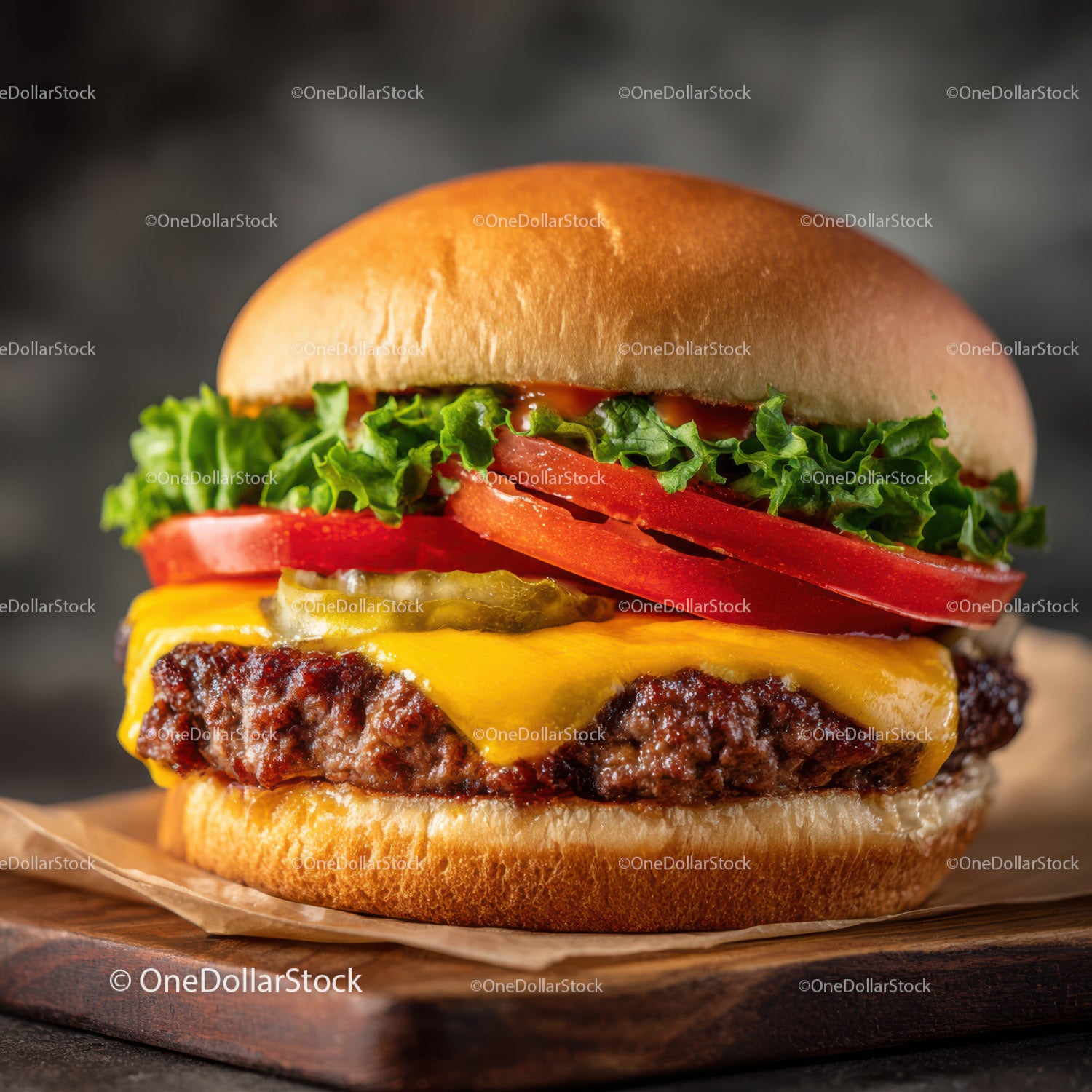 Juicy Cheeseburger with Lettuce Tomato Pickles and Cheese