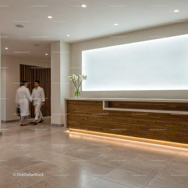 Modern spa reception with warm lighting and natural decor JPG Mockup Image