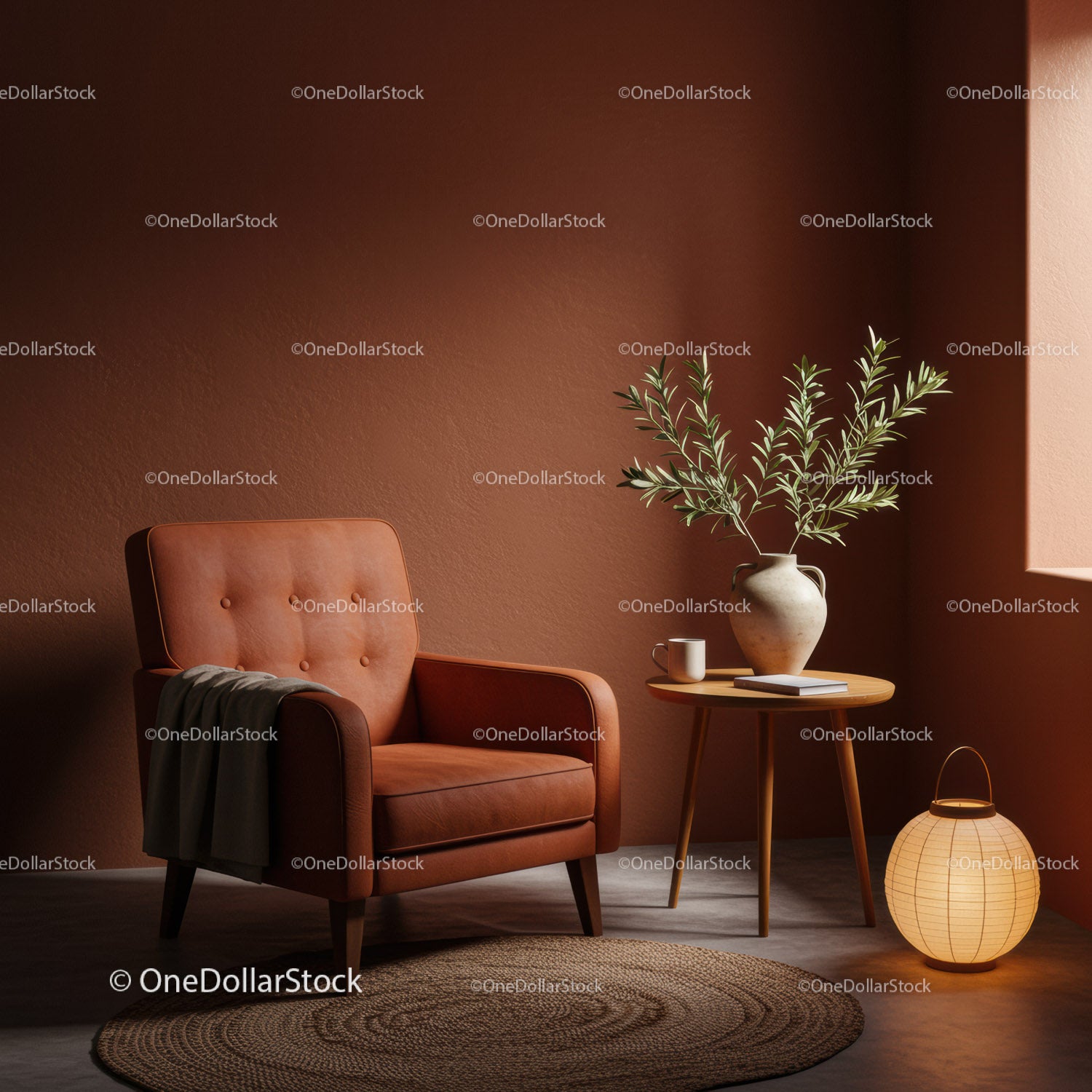 Cozy corner with leather armchair and warm lighting
