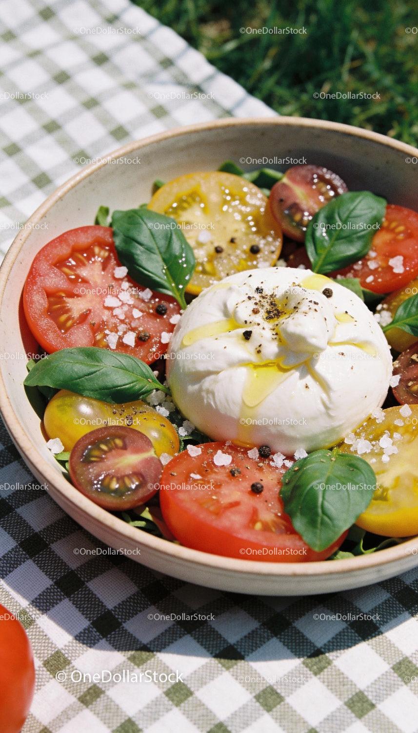 Fresh Burrata Cheese with Colorful Heirloom Tomatoes