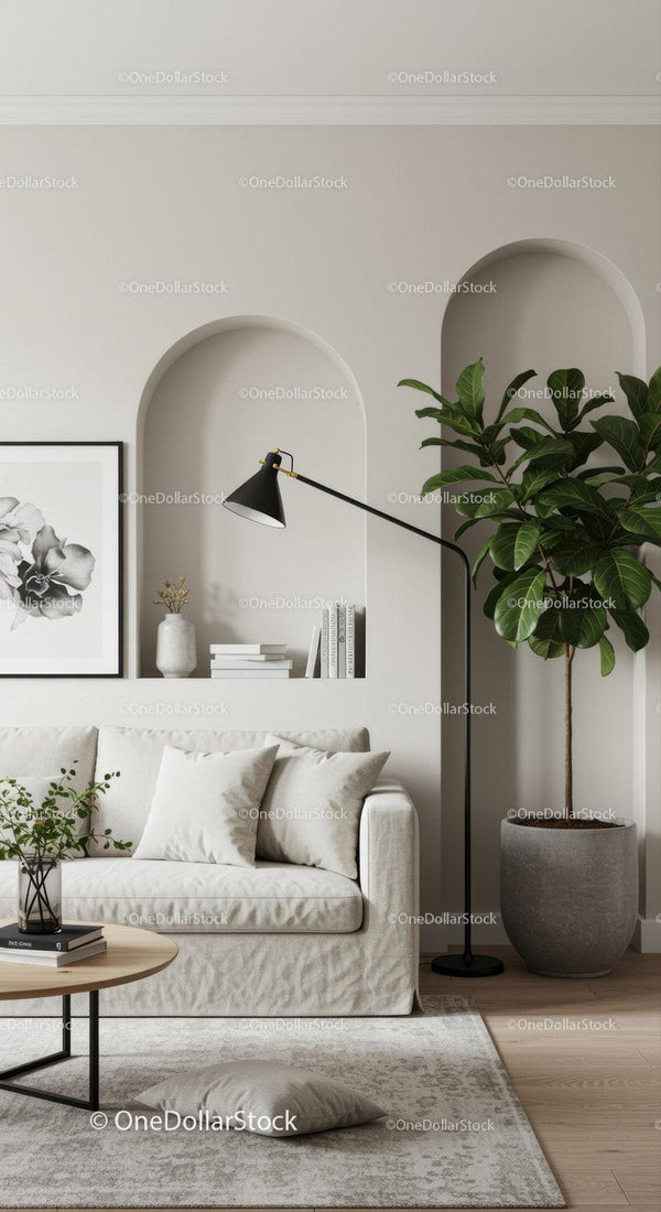 Minimalist living room with cozy sofa and indoor plant