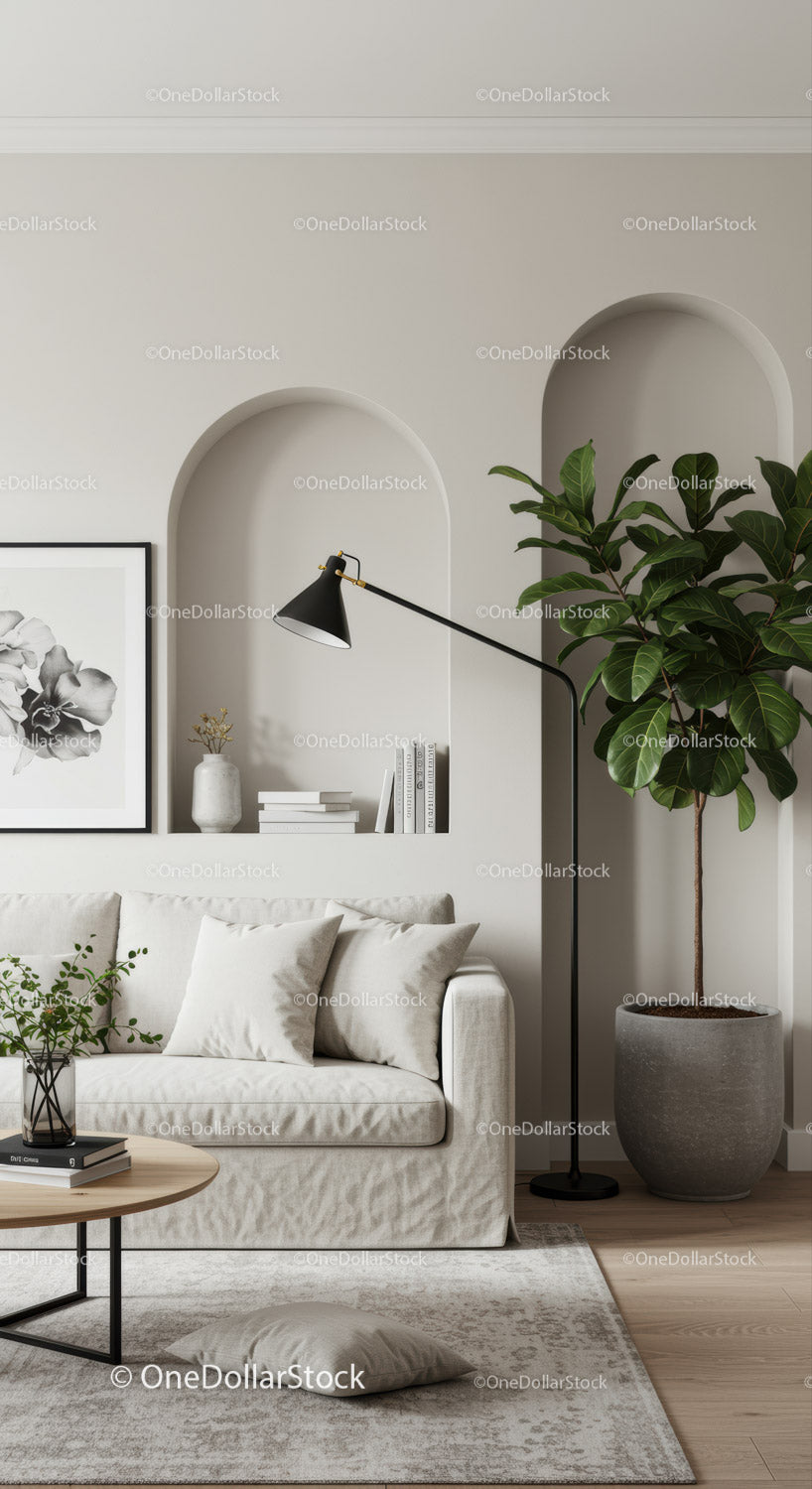 Minimalist living room with cozy sofa and indoor plant