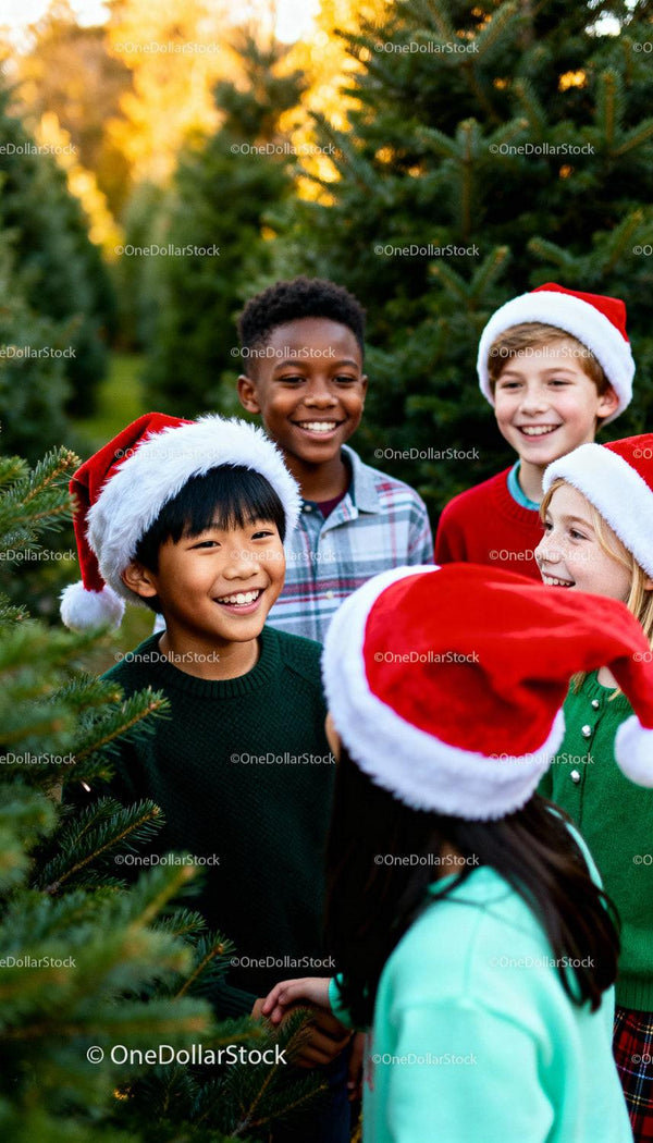 Children enjoying festive Christmas tree shopping outdoors