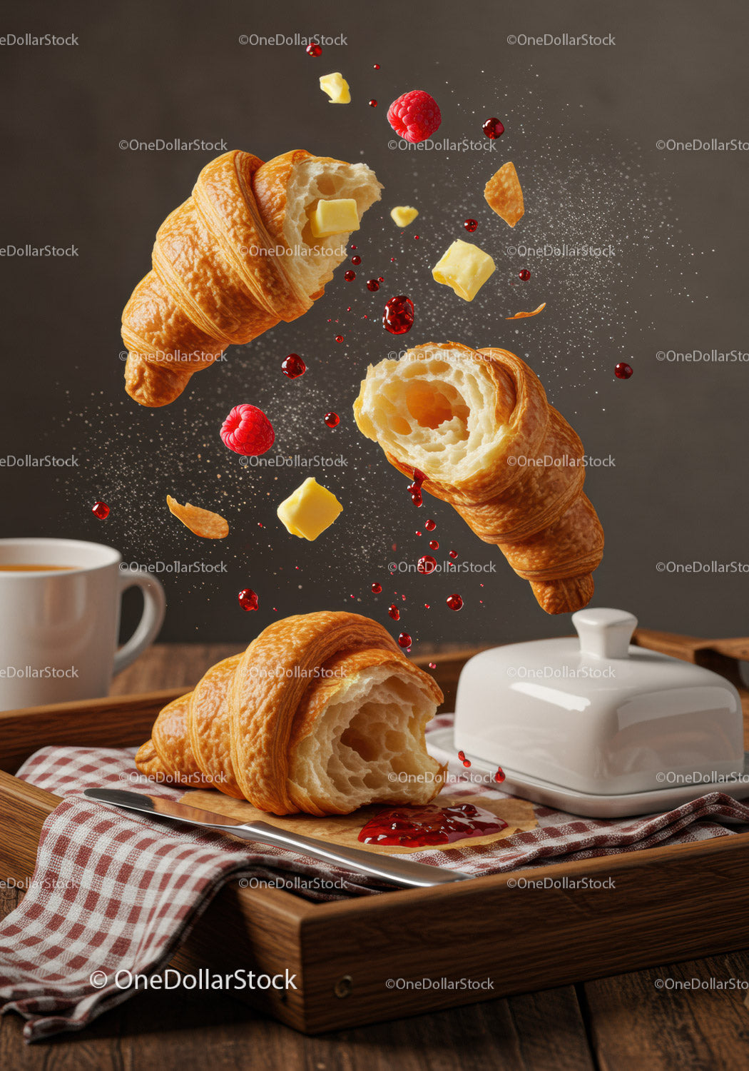 Fresh croissants with raspberries and butter on wooden tray