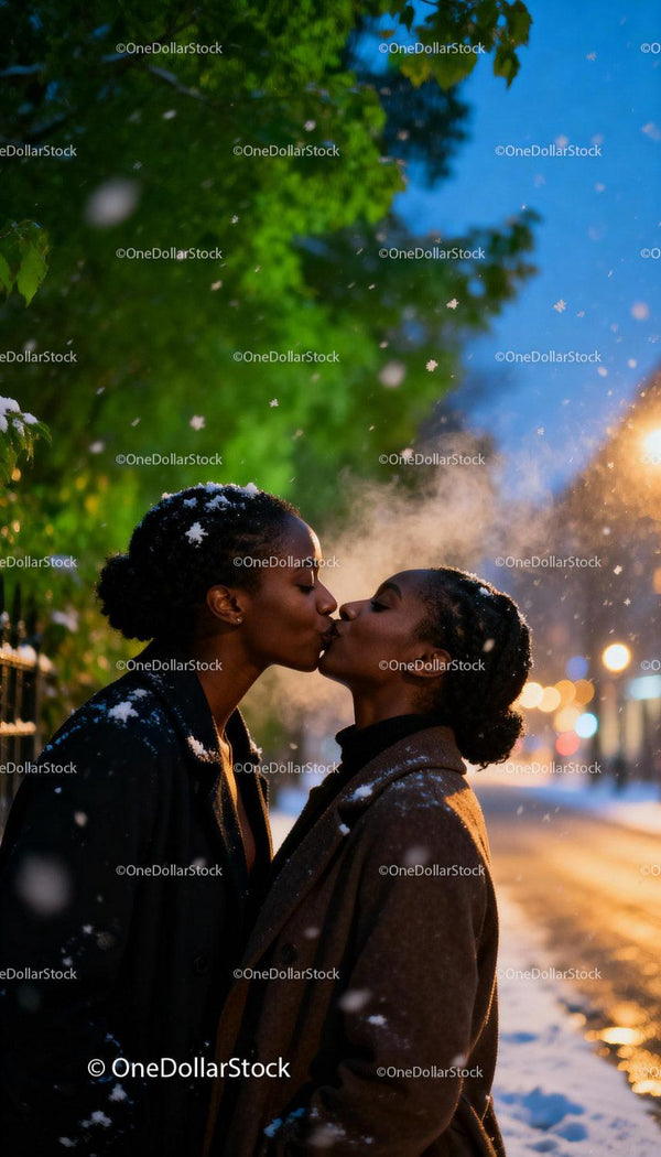 LGBTQ Couple Sharing a Tender Kiss in Snowy Evening
