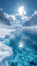 Majestic Snow-Covered Mountains and Glacial Lake under Bright Sun