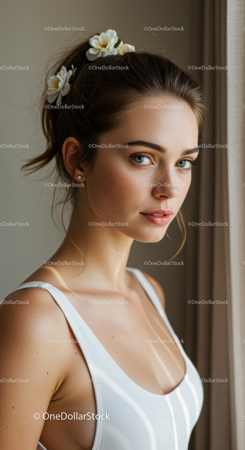 Elegant Young Woman with Floral Hair Accessories in Natural Light