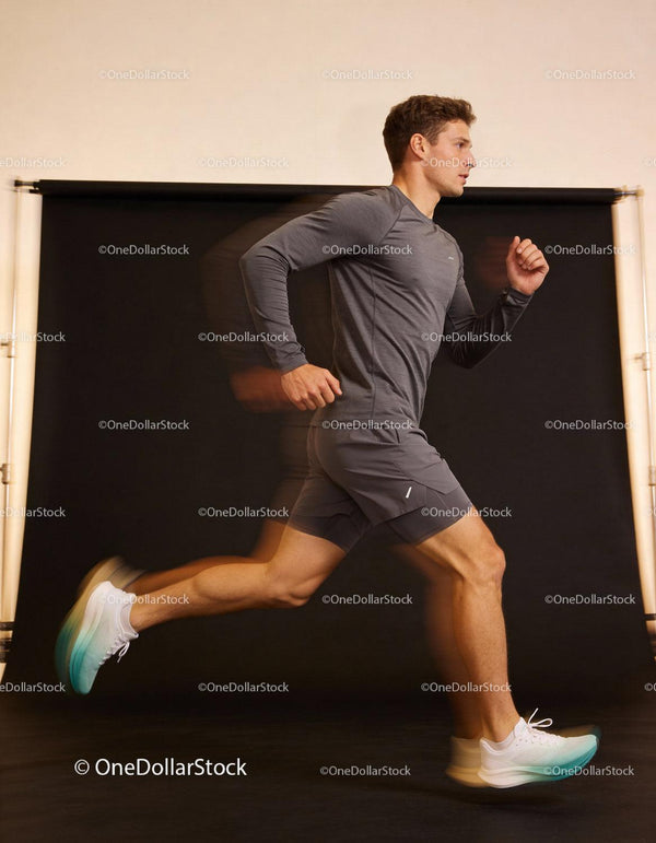 Athletic young man running fast indoors with motion blur