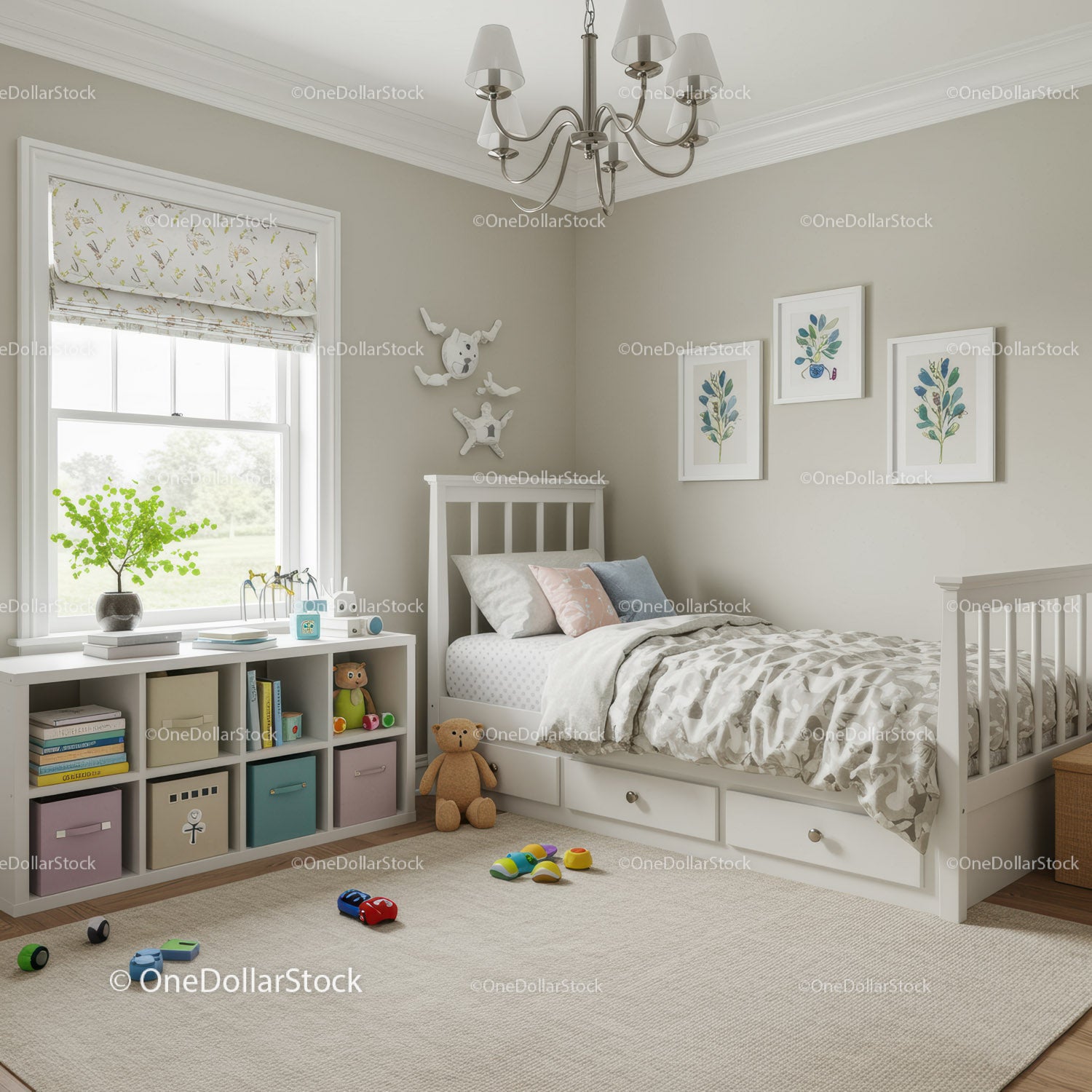 Cozy Children's Bedroom with White Bed and Playful Decor