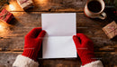 Hands in red gloves holding blank paper on rustic table JPG Mockup Image preview