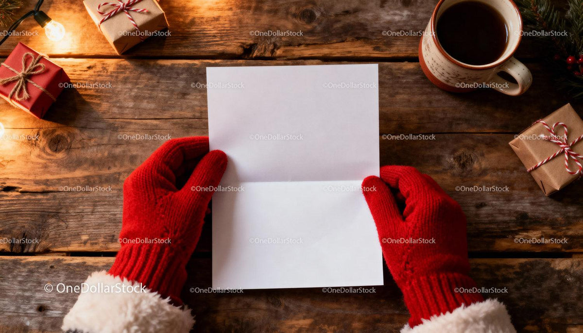 Hands in red gloves holding blank paper on rustic table JPG Mockup Image preview