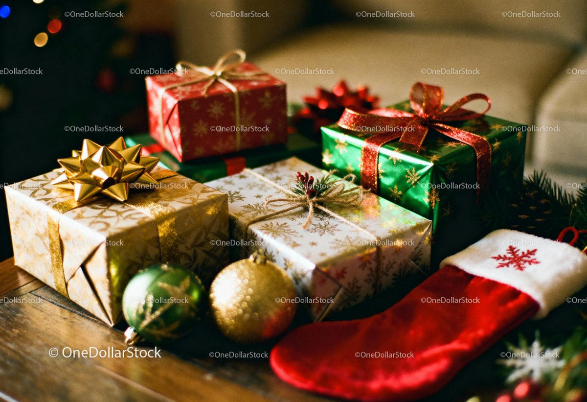 Colorful holiday gifts and decorations on wooden table