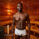 Male Man in Sauna with Wooden Interior and Bright Lighting