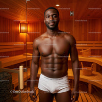 Male Man in Sauna with Wooden Interior and Bright Lighting