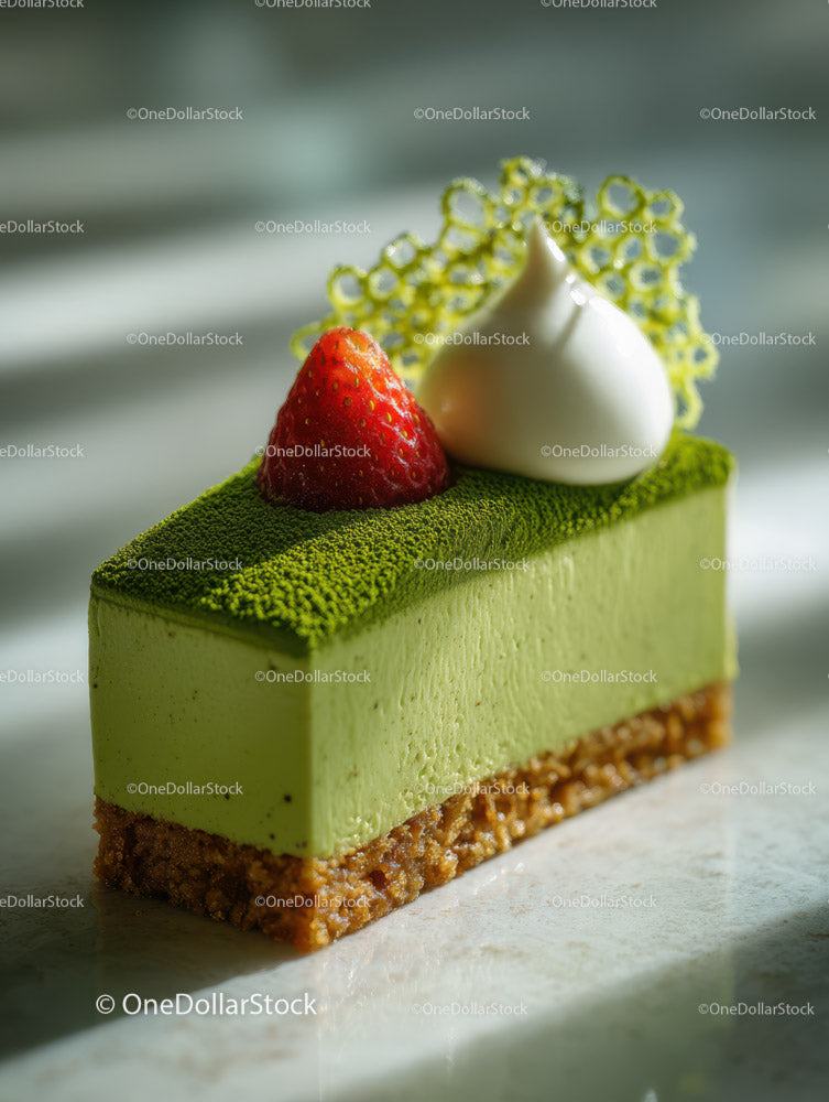 Green Matcha Cake with Chocolate Base and Artistic Garnish