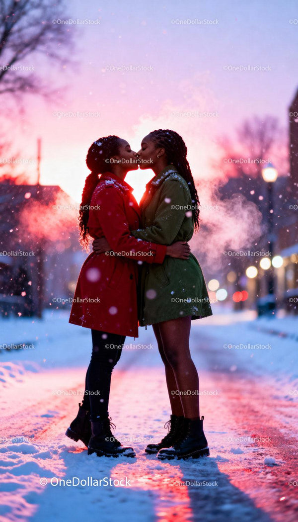 Couple Sharing a Tender Winter Kiss at Sunset