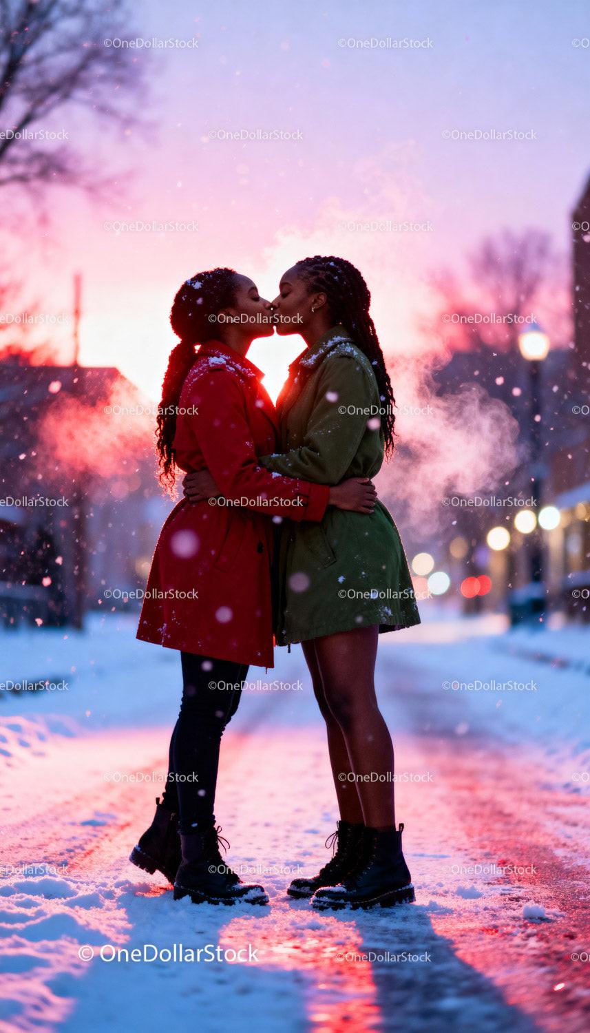 Couple Sharing a Tender Winter Kiss at Sunset