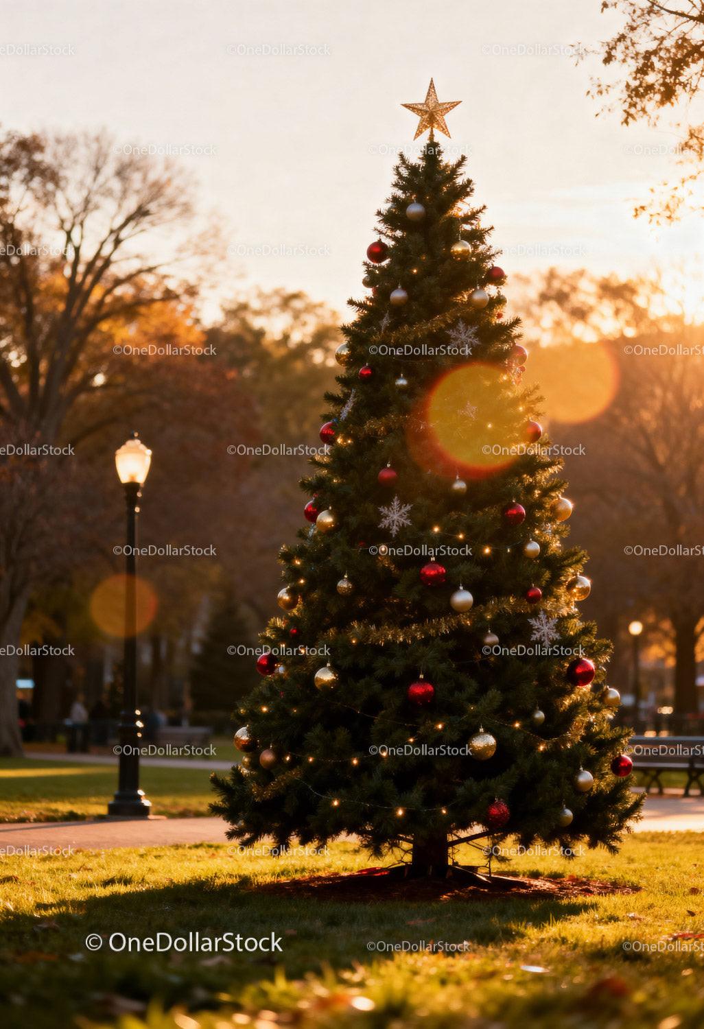 Decorated Christmas tree glowing in autumn park light