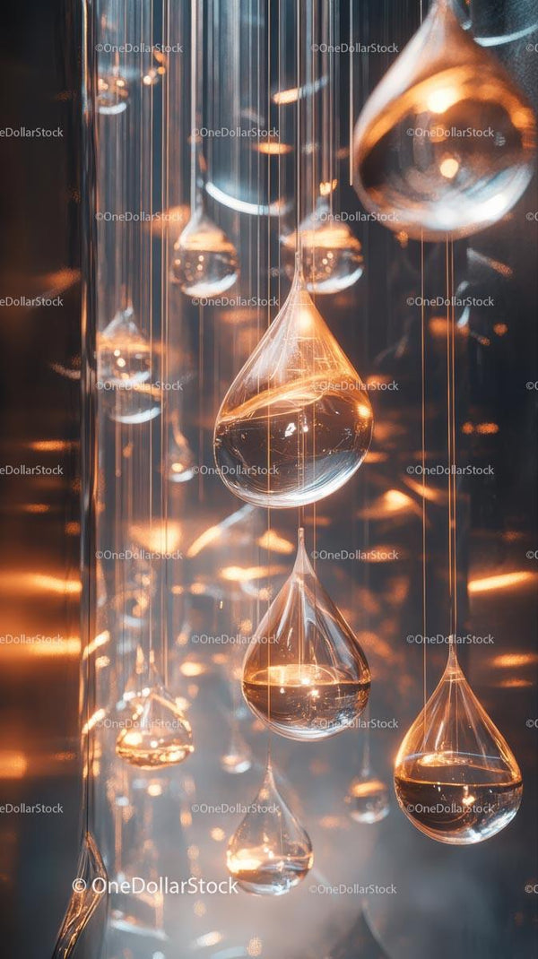 Elegant Glass Drop Installation with Warm Reflective Lighting