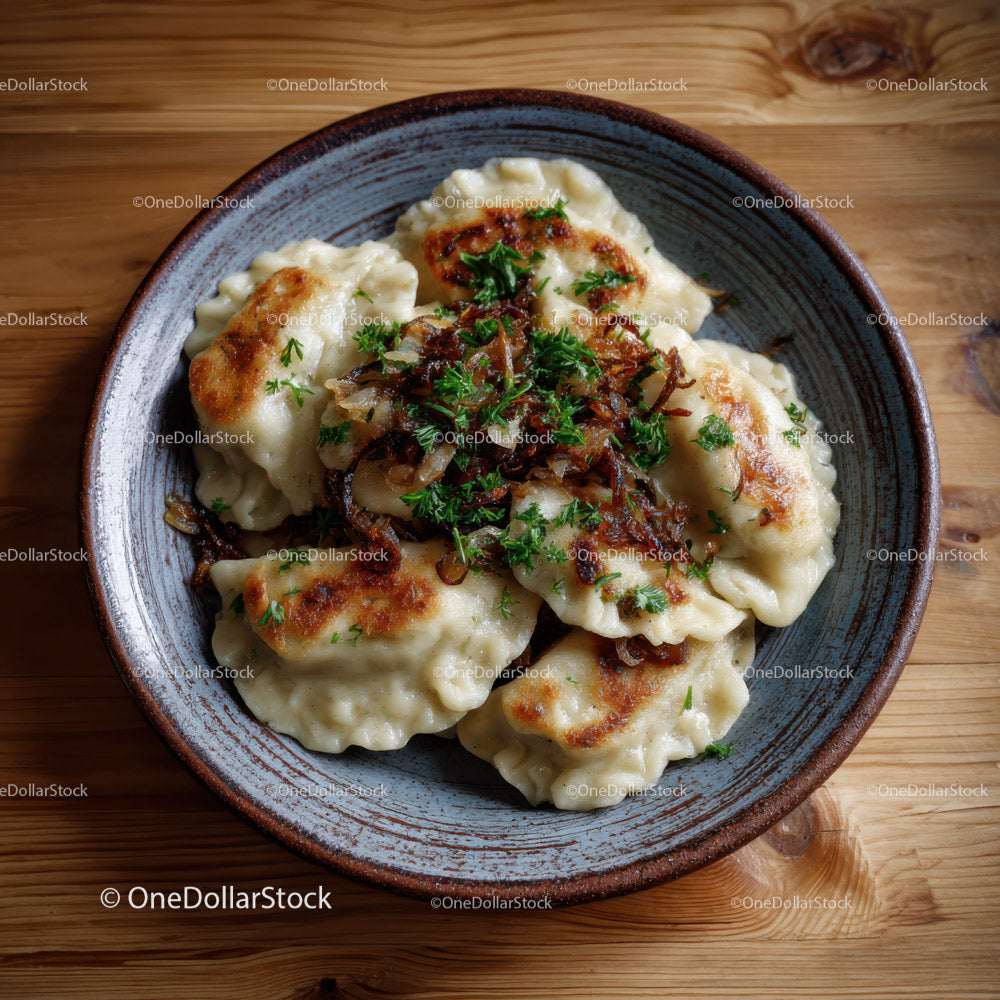 Dumplings with Bacon and Herbs Served in Rustic Bowl