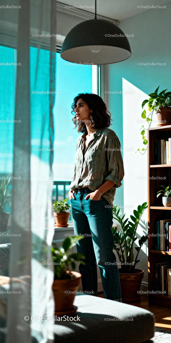 Young woman standing by window in sunlit cozy room