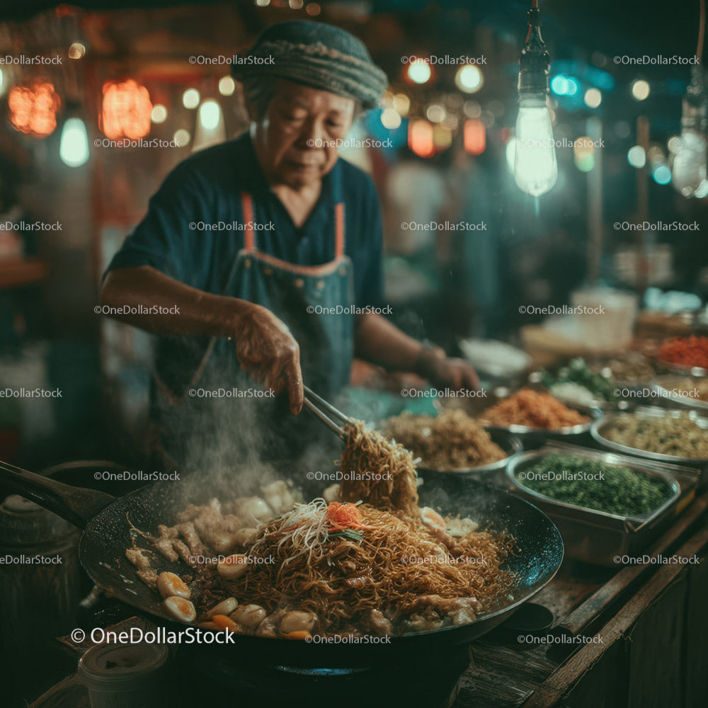Stir-fried Noodles in a Street Market with Bustling Atmosphere