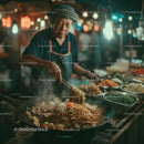 Stir-fried Noodles in a Street Market with Bustling Atmosphere